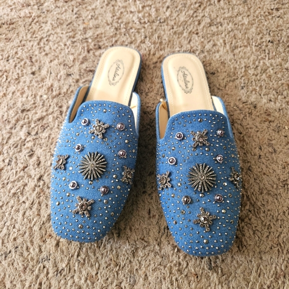 Atalina Shoes - Denim Jeweled Slides Size 9